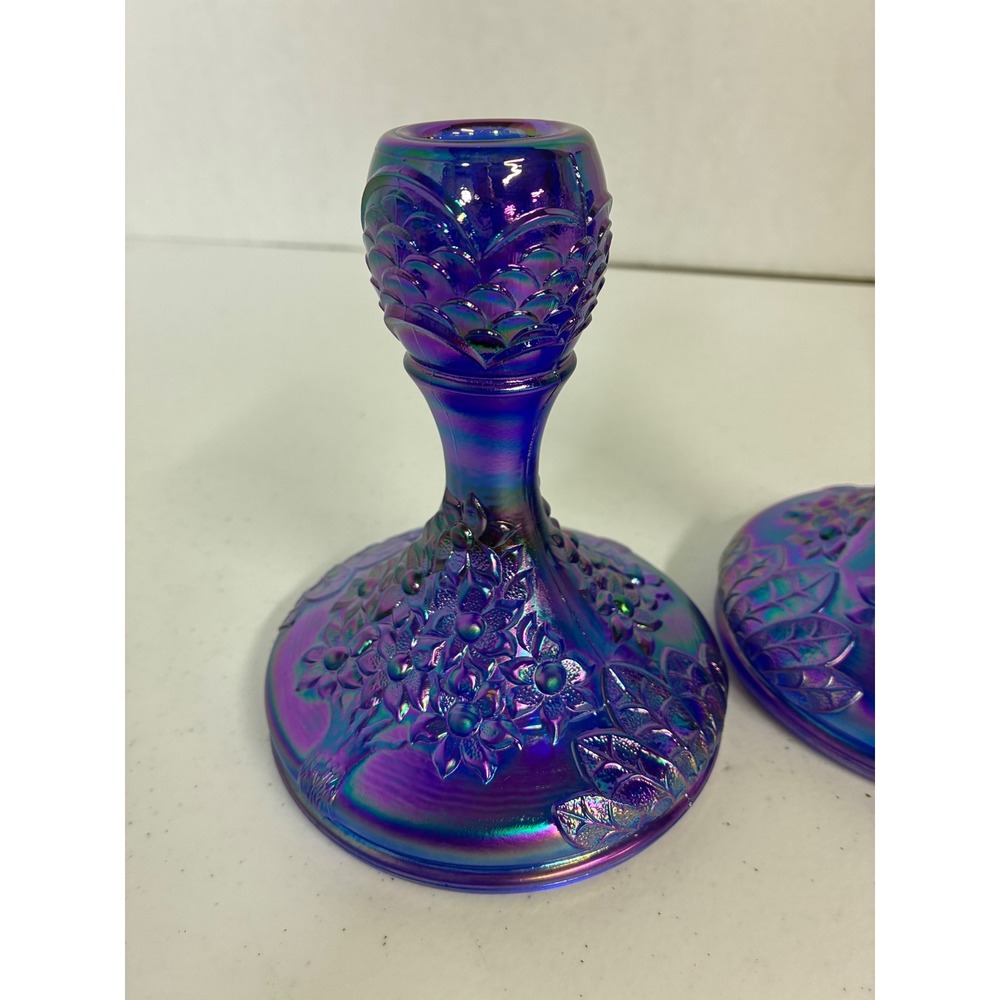 Fenton Cobalt Blue Carnival Glass Forget Me Not Candlestick Holders Pair 5.5in - Picture 2 of 8